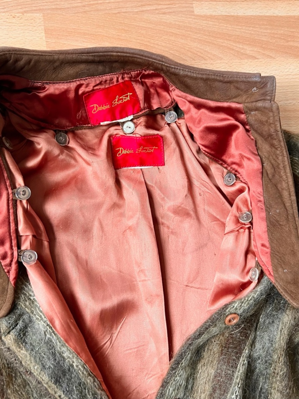 Fuzzy vintage 90s Mohair Bomber Jacket in Olive & Brown removable suede collar - Picture 4 of 12